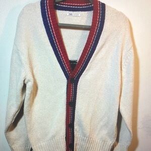 Zara Men's Cardigan in Cream with Red and Blue Accents